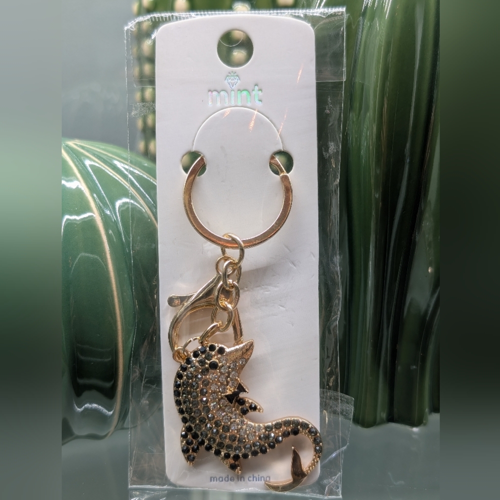 Mint Dolphin Gold W/Black And Gray Rhinestones Keychain/Bagcharm